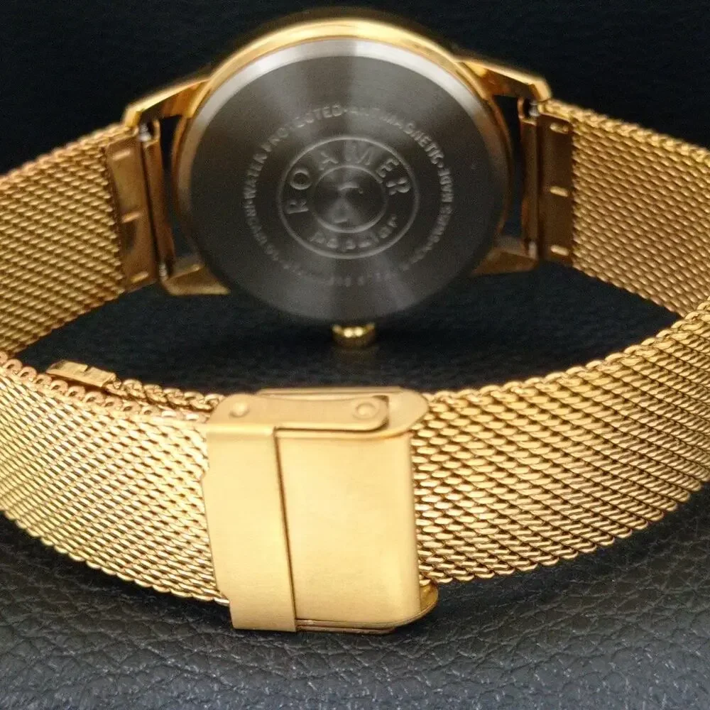 Vintage 1986 Roamer Manual Mens Gold Watch W/Metal Strap & Blue accents